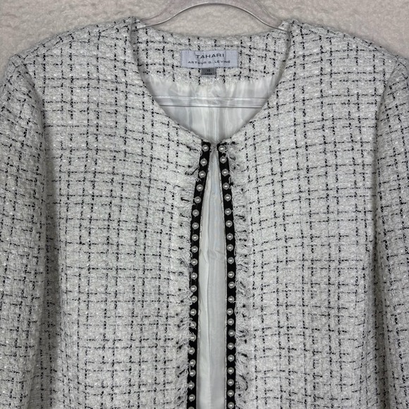 Tahari Arthur S Levine Jacket Womens 16 White Black Tweed Pearl Trim Open Front - Picture 3 of 10